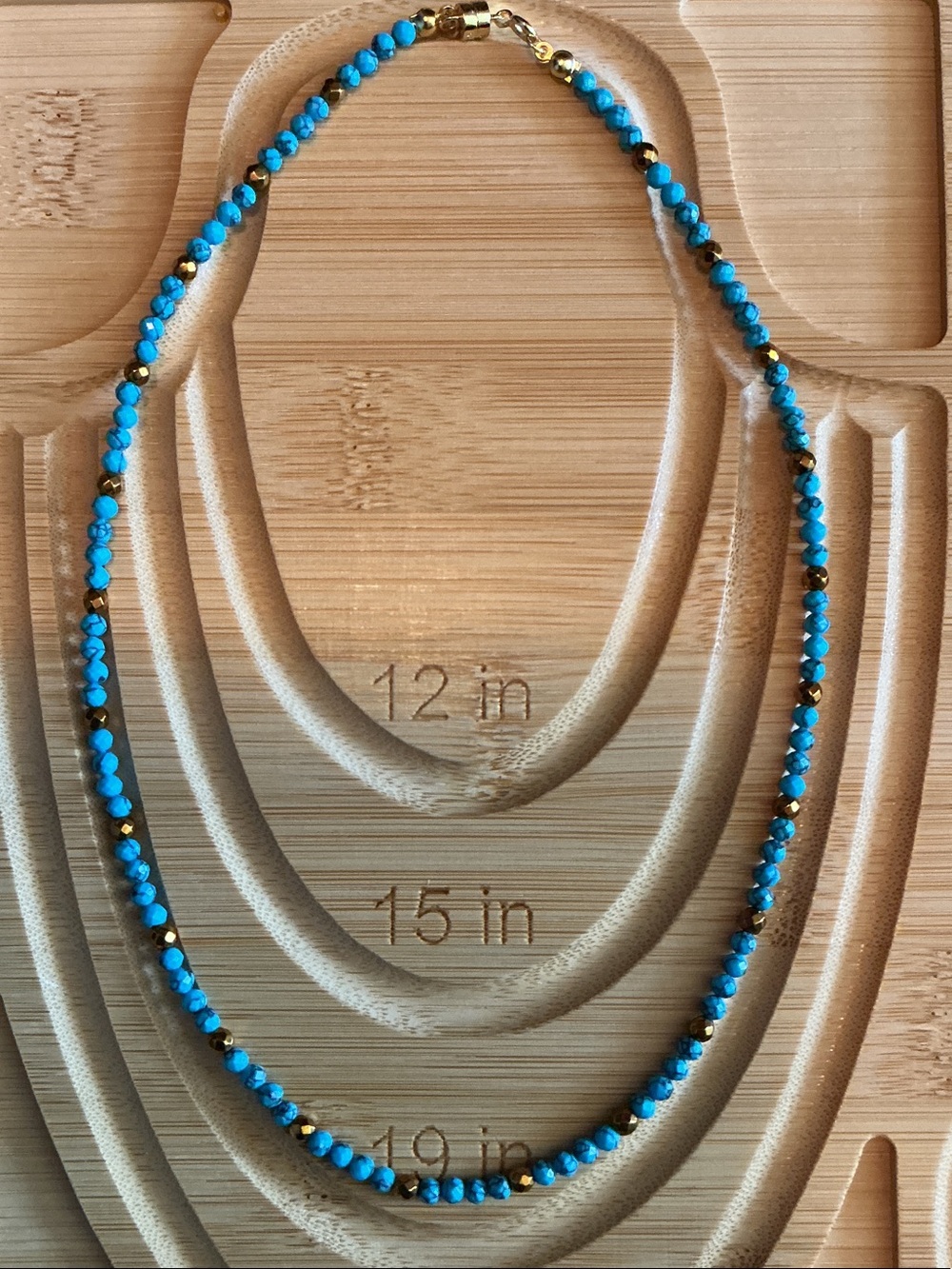 4mm Turquoise and Hematite Gold Bead Necklace in Silver Magnetic Clasp